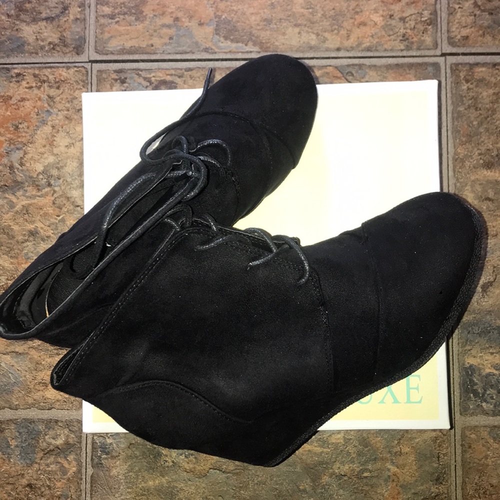 Styluxe Winning Faux Suede Lace-Up Wedge Booties - Picture 1 of 1